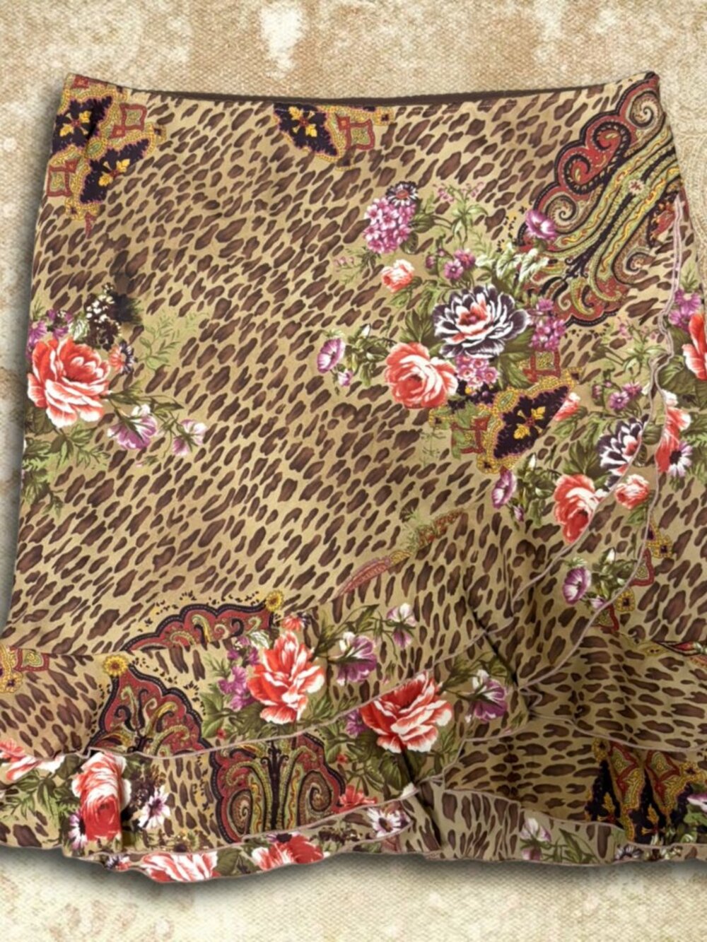 Vintage Y2K Versailles Leopard Floral Paisley Ruffle Midi Skirt